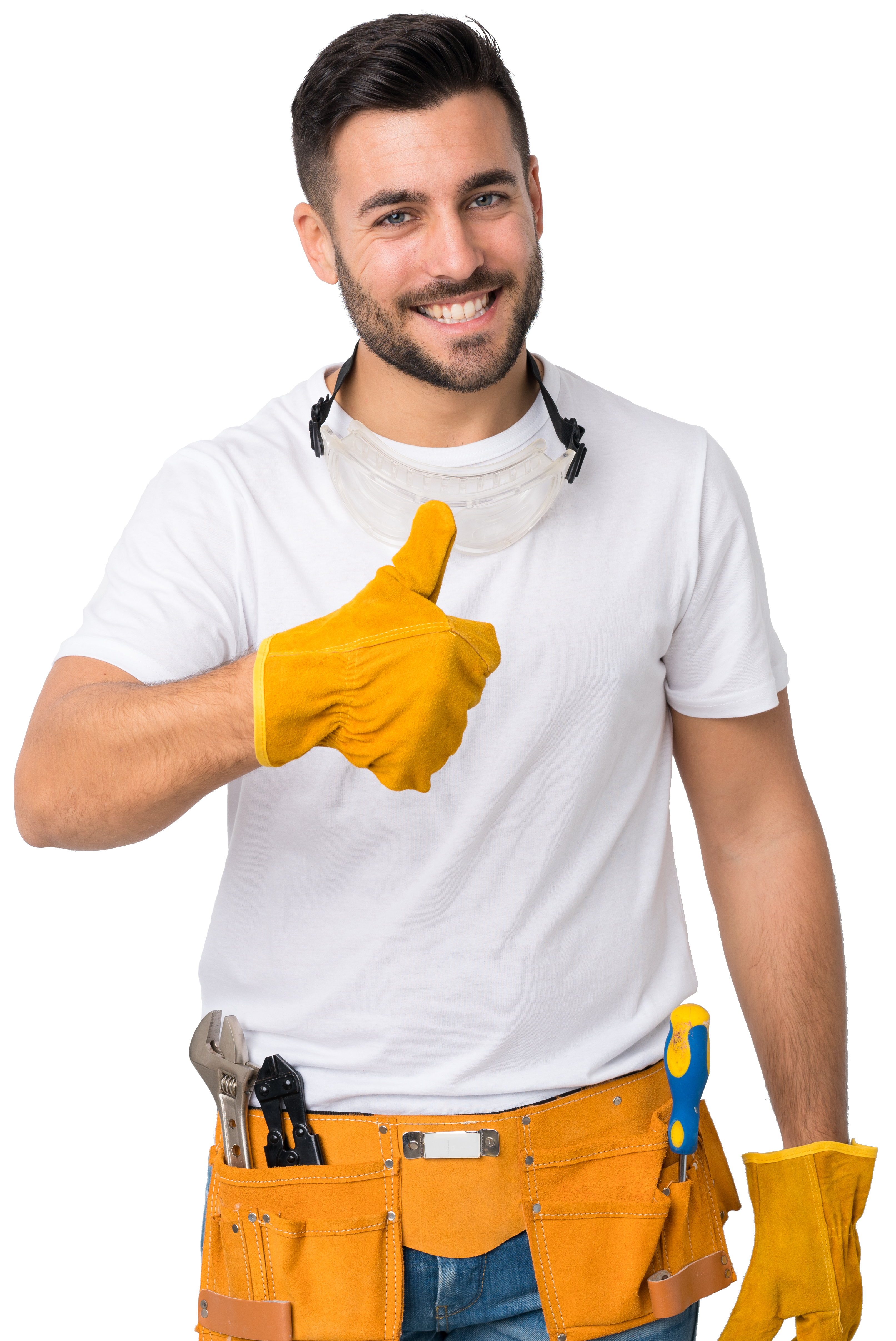 Ein Handwerker mit Werkzeugg&uuml;rtel und gelben Handschuhen zeigt den Daumen hoch und l&auml;chelt.