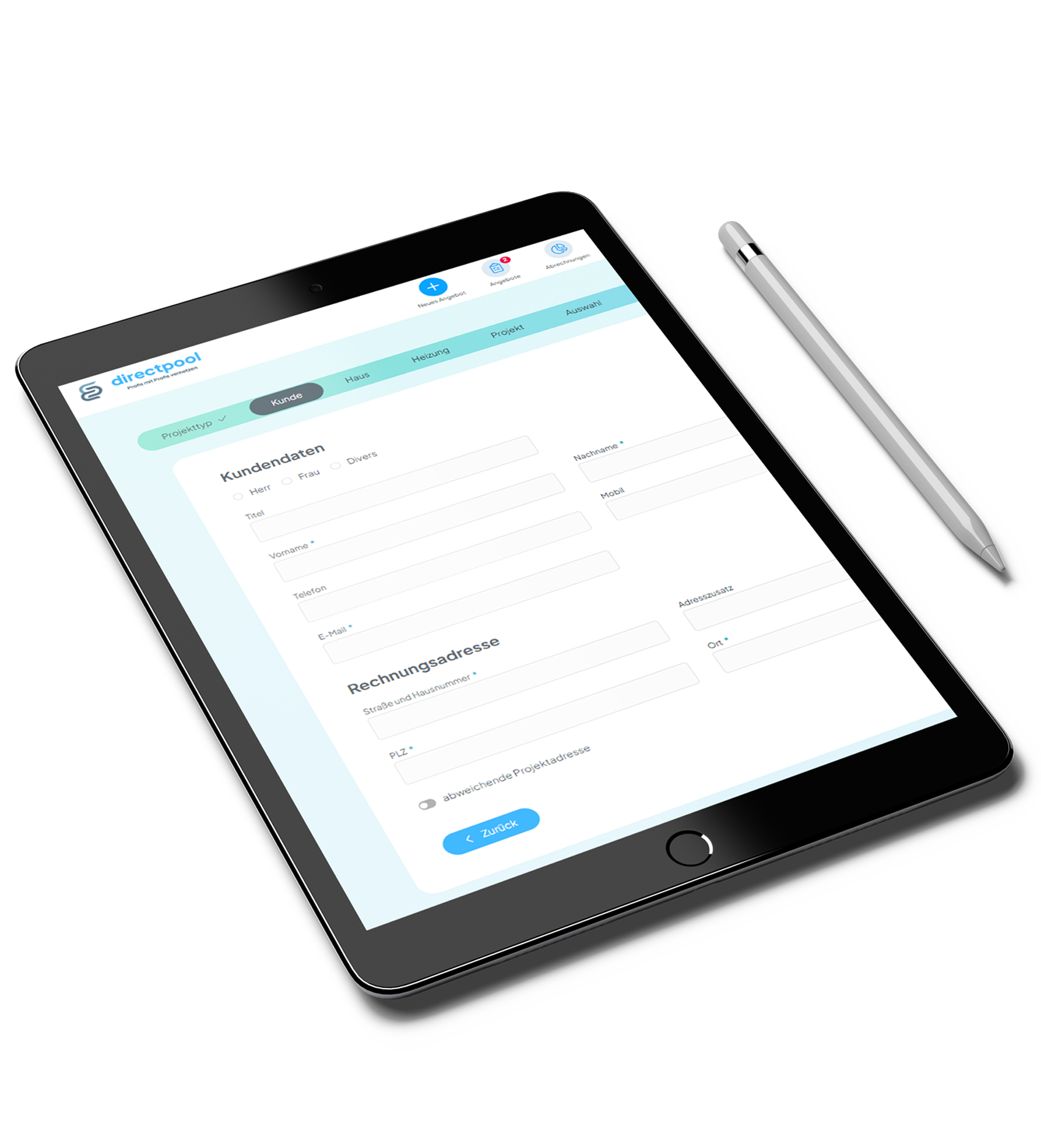 Digitale Förderdaten-Erfassung auf Tablet – directpool Plattform zur sicheren Weiterleitung an unabhängige Energieberater.