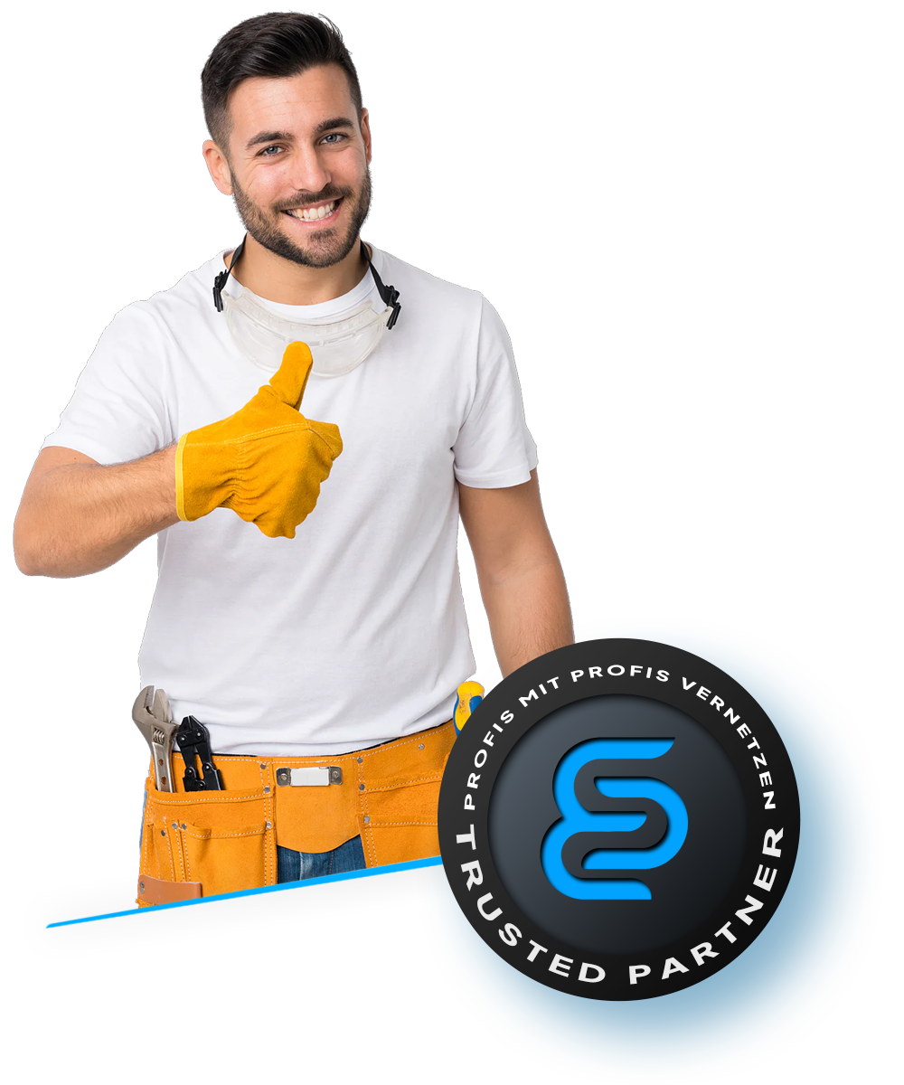 Handwerker mit Daumen hoch und Trusted-Partner-Siegel – Symbol für geprüfte Fachbetriebe und vertrauensvolle Zusammenarbeit im Förderprozess über directpool.